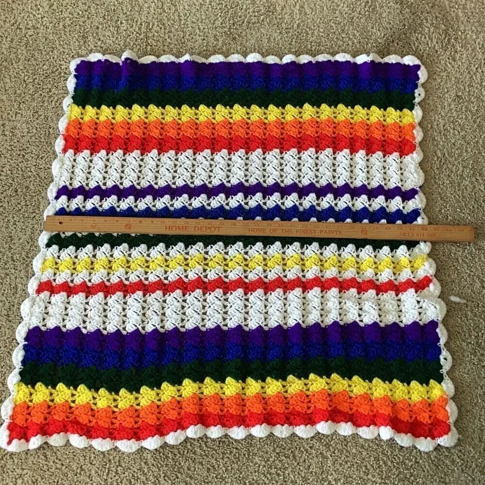 Vintage Handmade Rainbow Pride Crochet Afghan Blanket 36” X 36” Cottage Core
